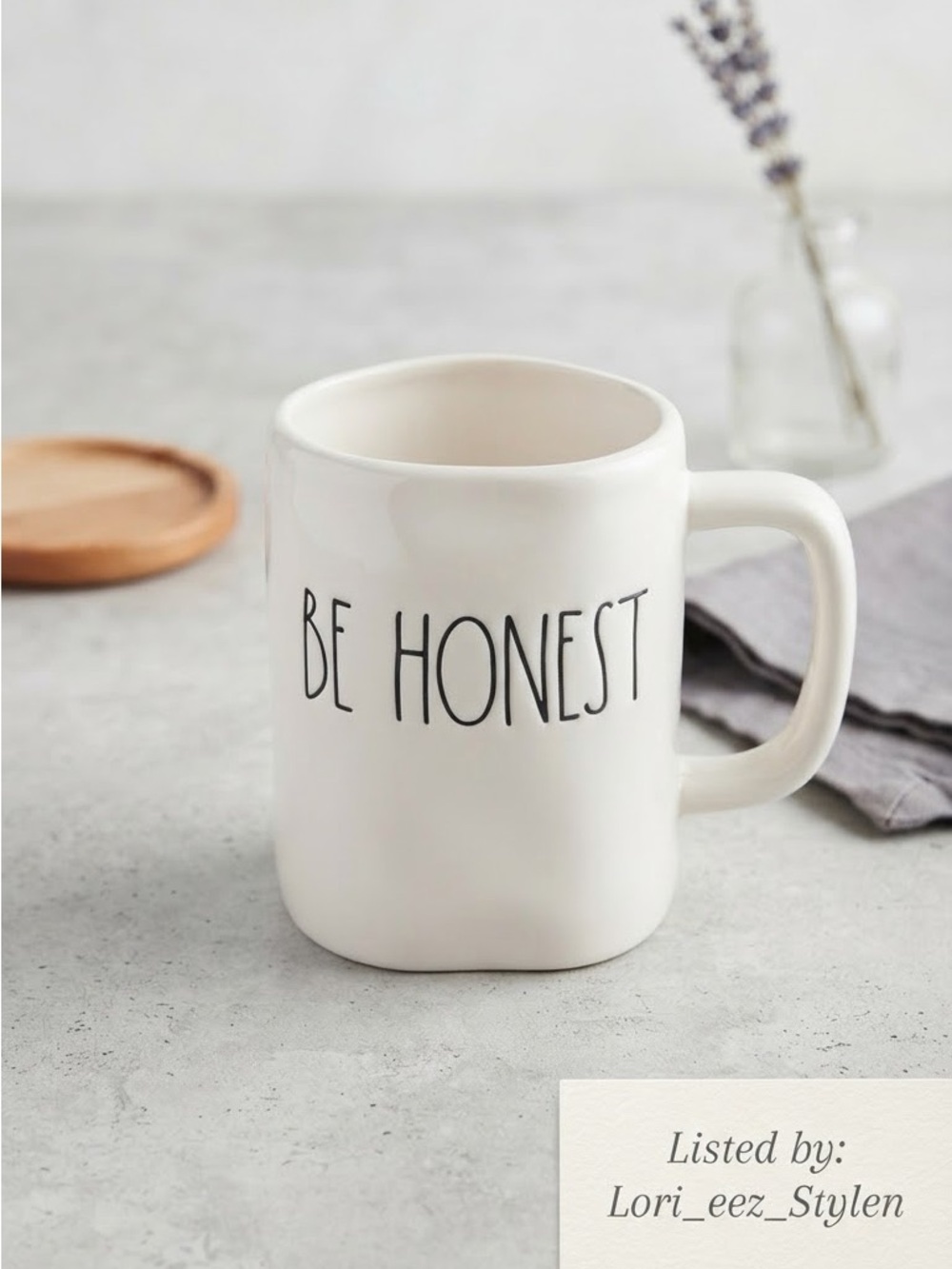 Rae Dunn Cream Ceramic Mug with Black 'BE HONEST' Lettering